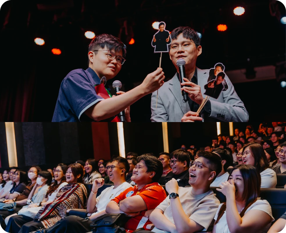 Comedians performing on stage and an audience laughing at a BBK Network event