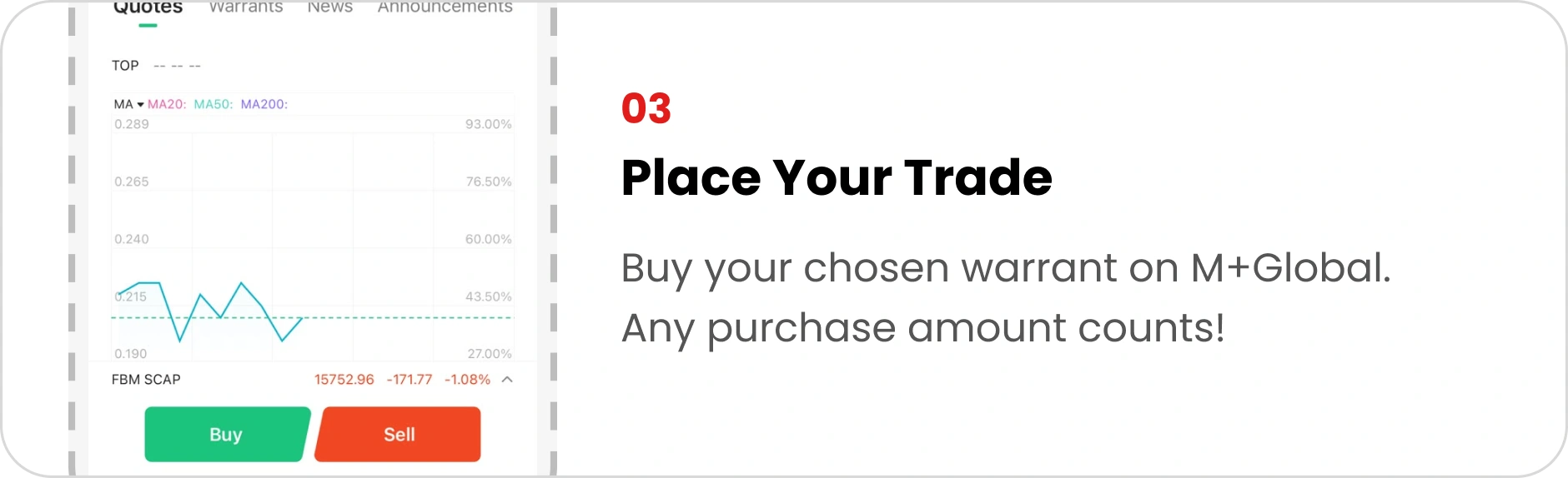 03 Place Your Trade: Buy your chosen warrant on M+Global. Any purchase amount counts!