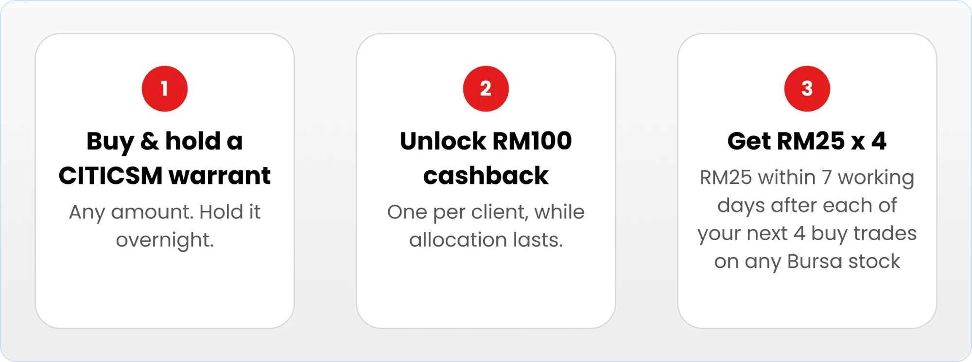 1. Buy and hold a CITICSM warrant, any amount, overnight. 2. Unlock RM100 cashback, one per client, while allocation lasts. 3. Get RM25 x 4 within 7 working days after each of your next 4 buy trades on any Bursa stock.