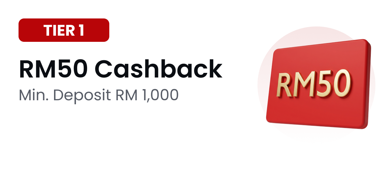 Tier 1: RM50 Cashback. Min. Deposit RM 1,000